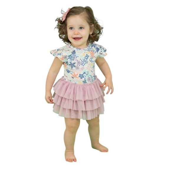 Bird & Bean Bamboo Pink Tulle Skirted Dress Bodysuit Meadow Floral Size 12-18M - Picture 1 of 6